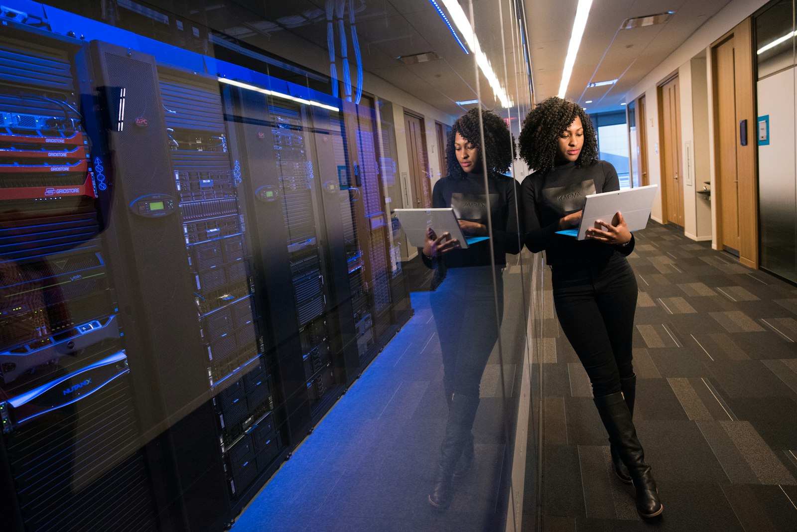 A server room aisle in a data center